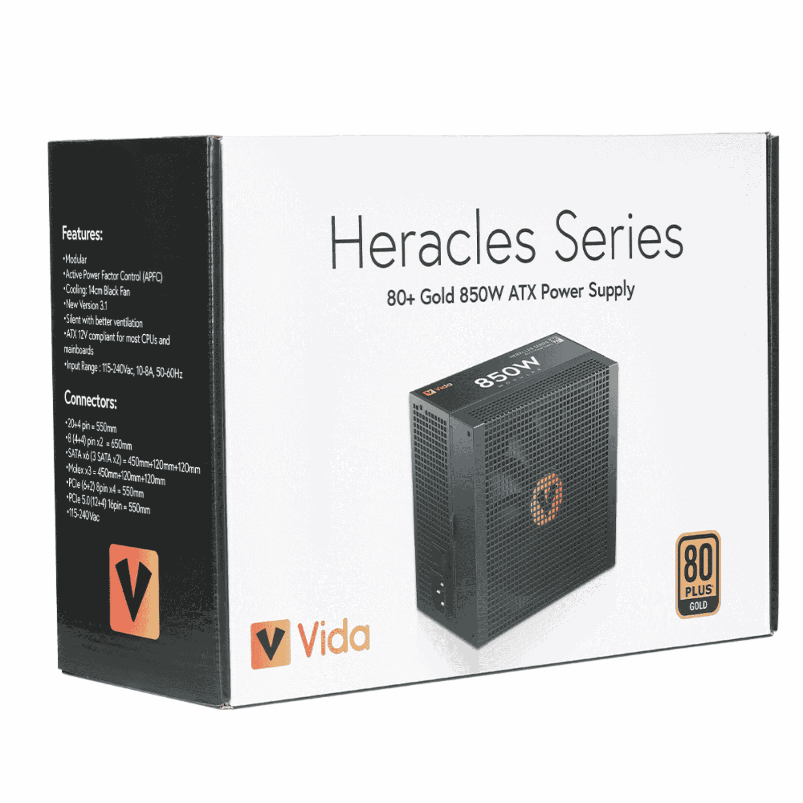 Vida 850W Heracles Black ATX 3.1 Gaming PSU, 80+ Gold, Fully Modular, 14cm Ultra-Quiet Semi-Fanless FDM Fan, Flat Black Cables, PCIe 5.1, Power Lead Not Included