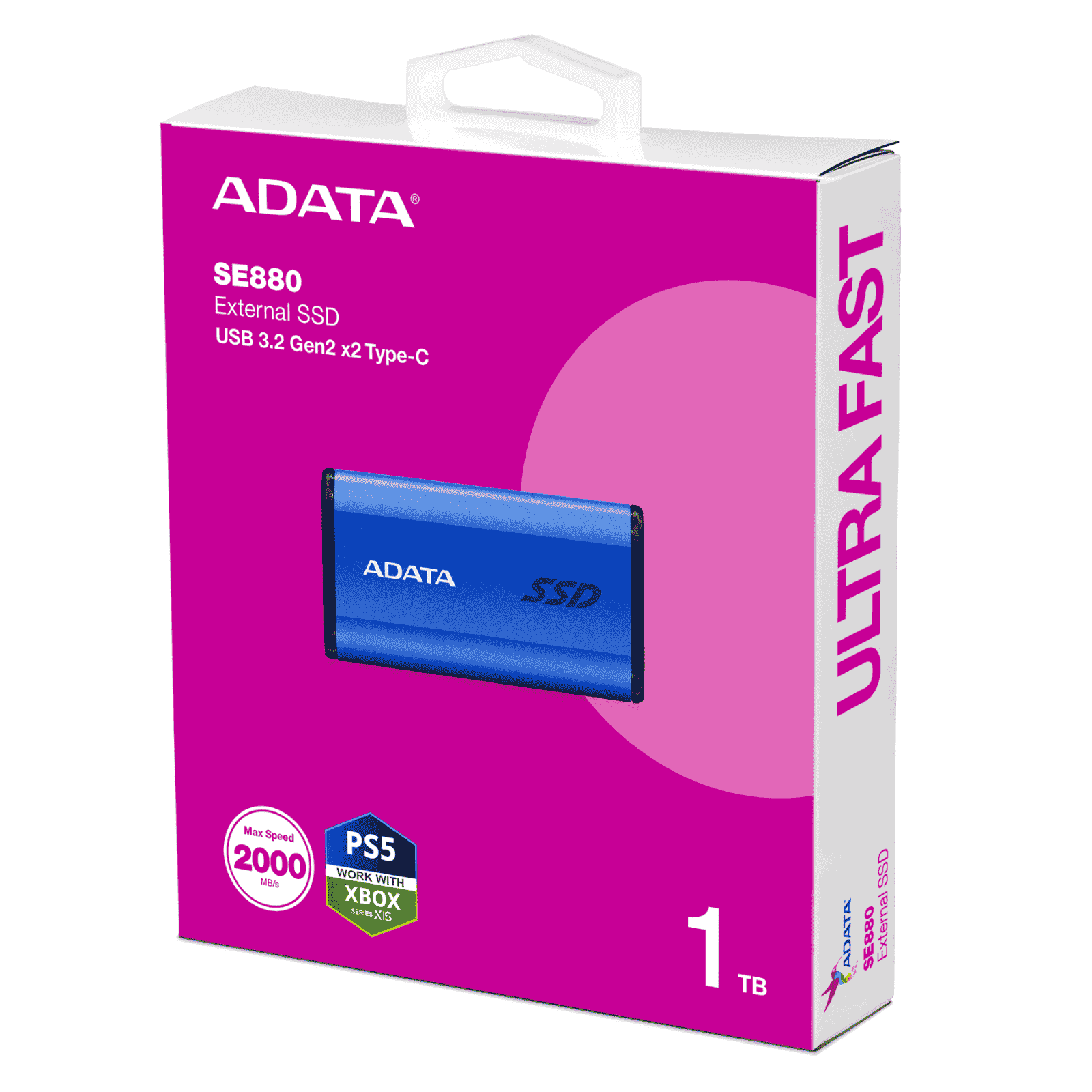 ADATA SE880 1TB External SSD, USB 3.2 Gen2, Type-C/Type-A, Blue