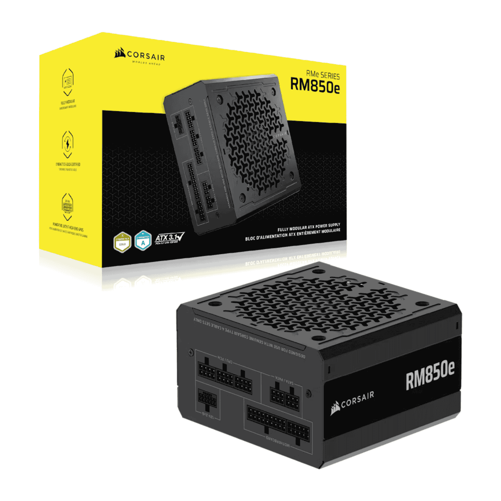 Corsair 850W RMe Series RM850e PSU, Fully Modular, Low-Noise, Cybenetics Gold, Zero RPM Mode, ATX 3.1, PCIe 5.1
