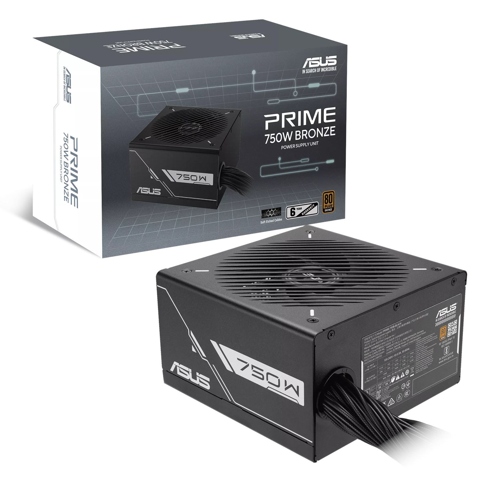 Asus Prime 750W Bronze PSU, Double Ball Bearing Fan, Fully Wired, 80+ Bronze, Etched Cables, Black