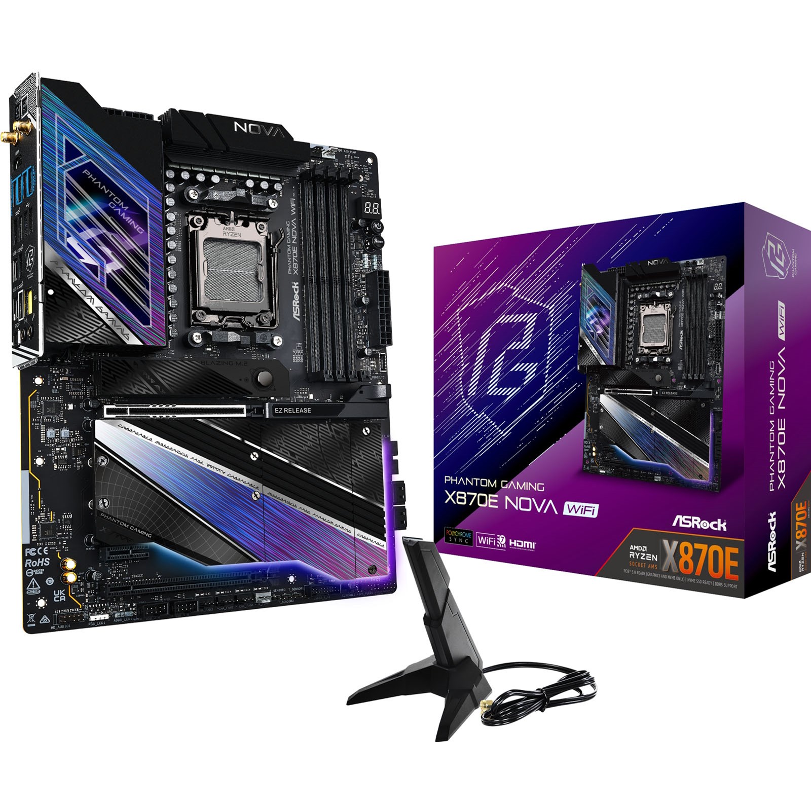 Asrock X870 NOVA WIFI, AMD X870, AM5, ATX, 4 DDR5, HDMI, 2 USB4, Wi-Fi 7, 5G LAN, RGB, 5x M.2