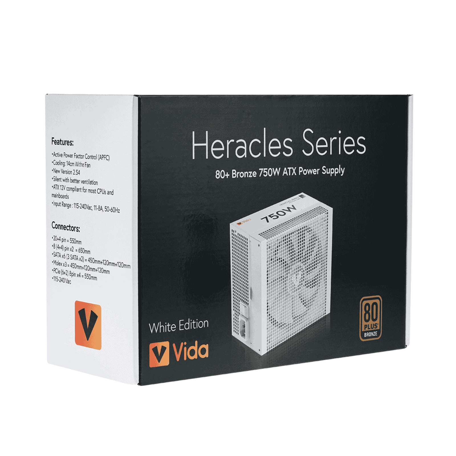 Vida 750W Heracles White ATX Gaming PSU, 80+ Bronze, 140mm Ultra-Quiet FDM Fan, Flat White Cables, Power Lead Not Included