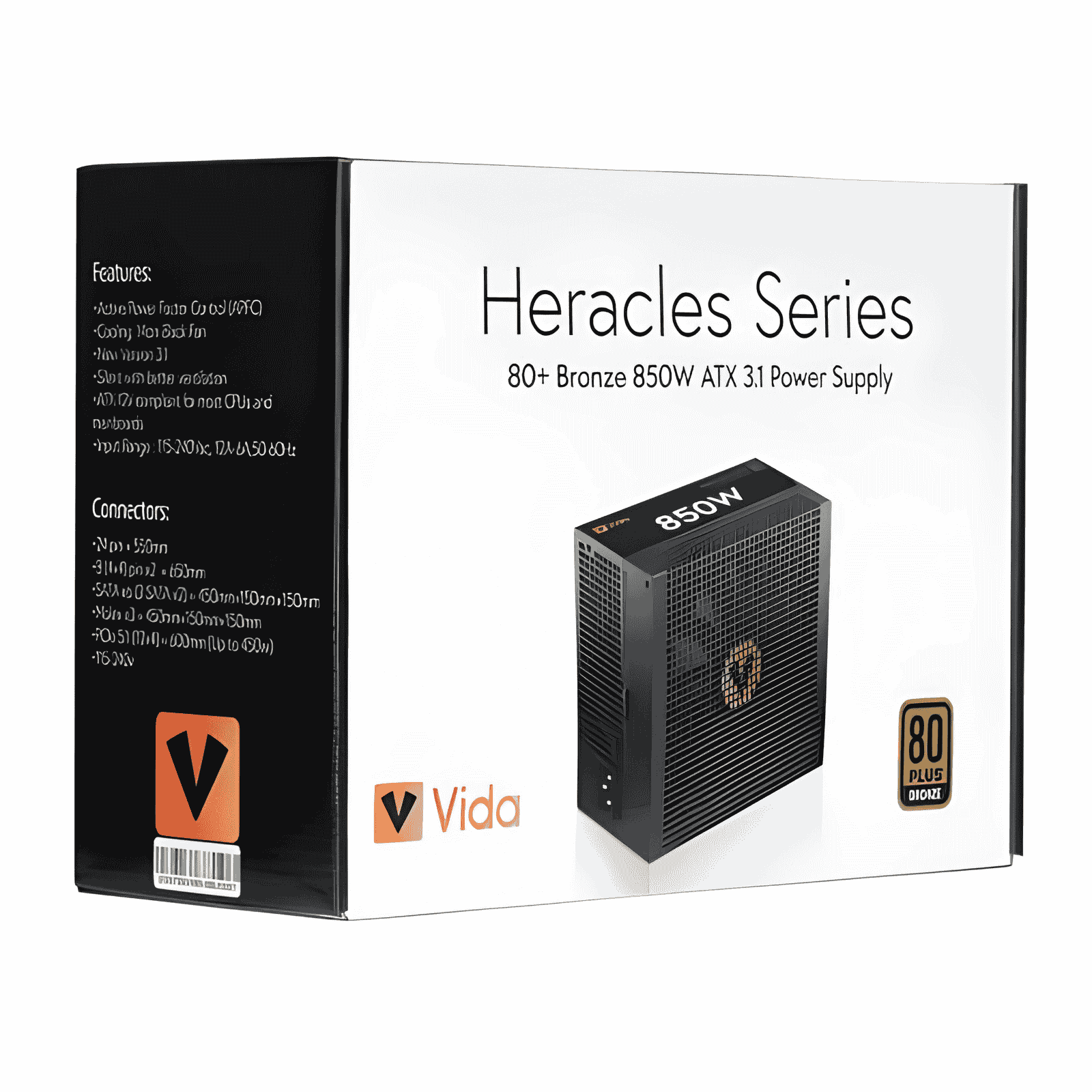 Vida 850W Heracles Black ATX 3.1 Gaming PSU, 80+ Bronze Vida 850W Heracles Black ATX 3.1 Gaming PSU, 80+ Bronze, 140mm Ultra-Quiet FDM Fan, Flat Black Cables, PCIe 5.1, Power Lead Not Included - Image 1